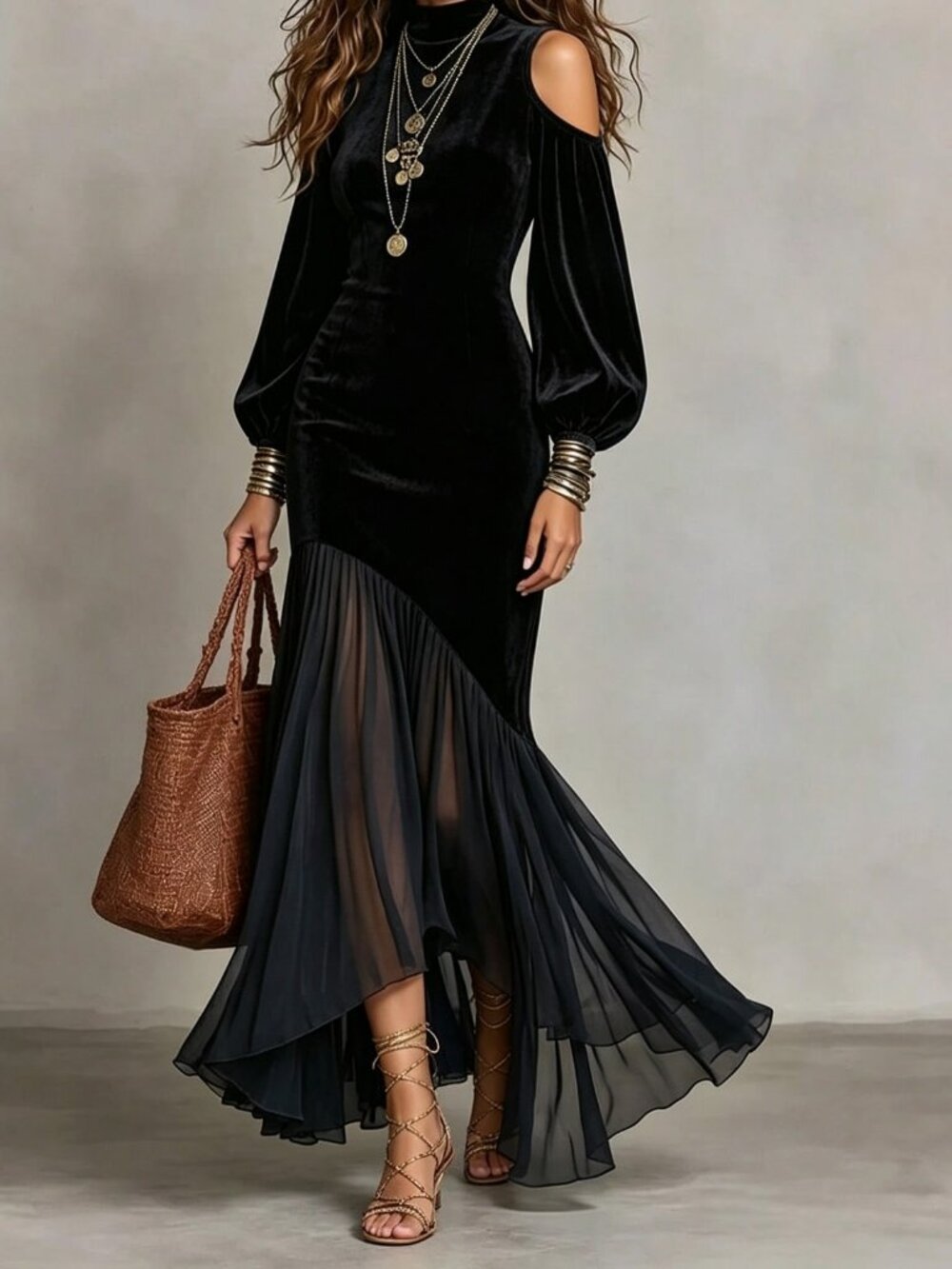 Black Chic Women's Open Shoulder Puff Chiffon Asymmetrical Fishtail Dress - Picture 4 of 6
